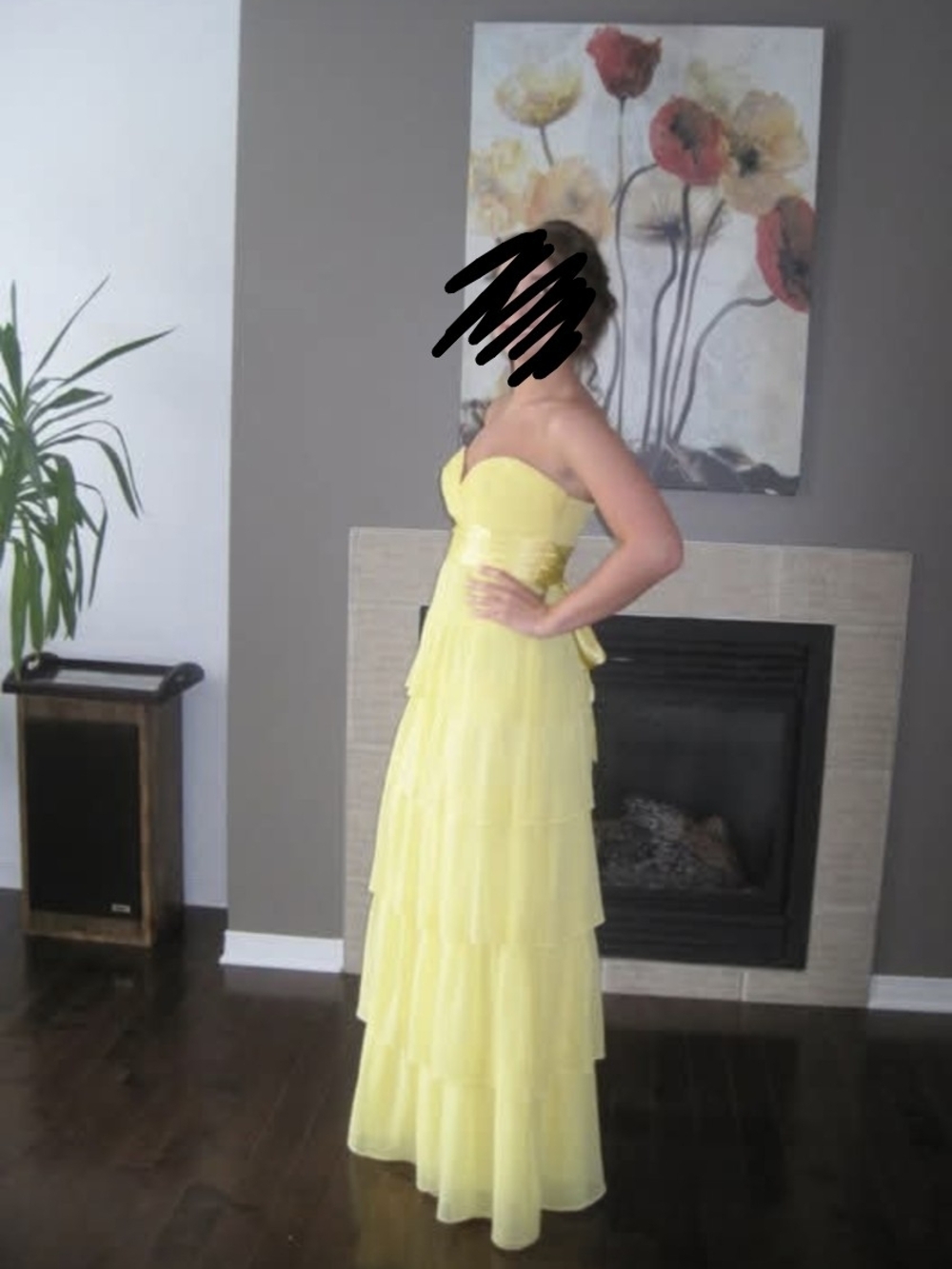 BCBG Strapless Yellow Tiered Maxi Dress